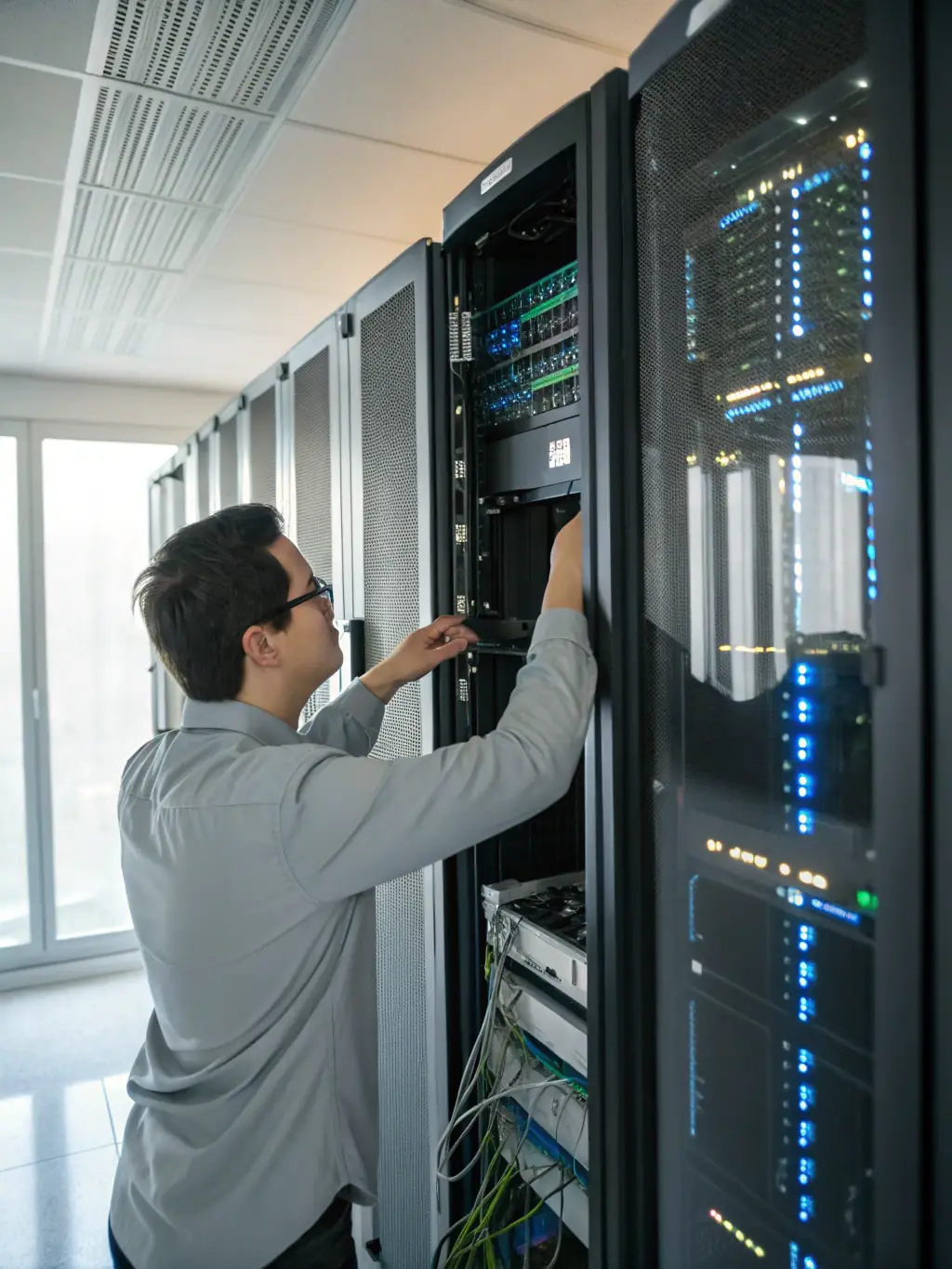 A network engineer configuring network devices in a server room, emphasizing the importance of infrastructure in modern technology.