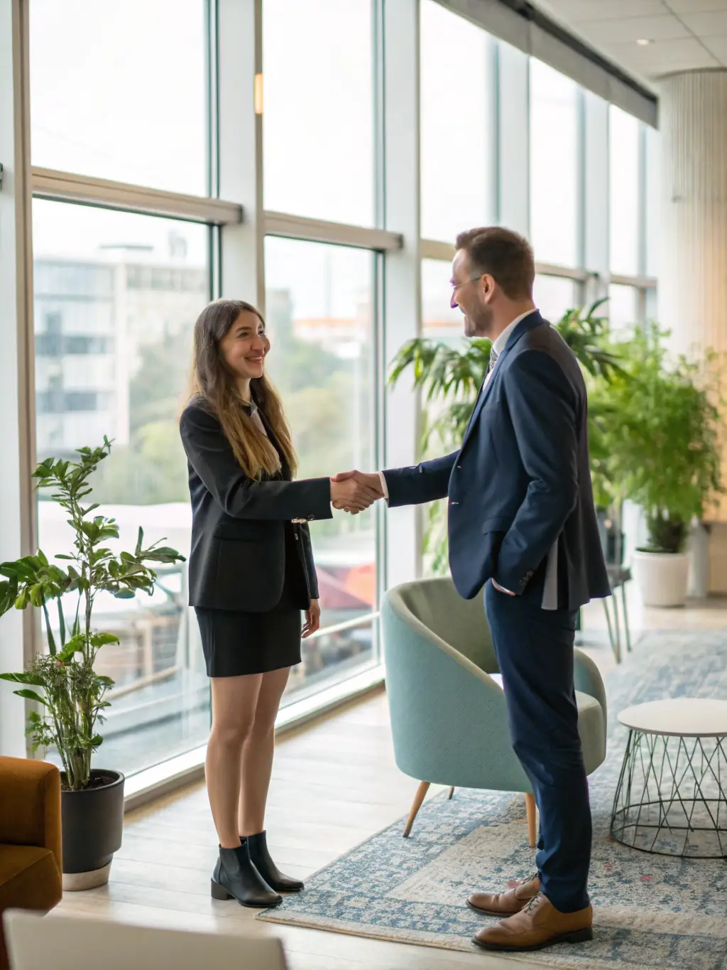 A graduate of the coding bootcamp receiving a job offer, shaking hands with a hiring manager in a modern office.