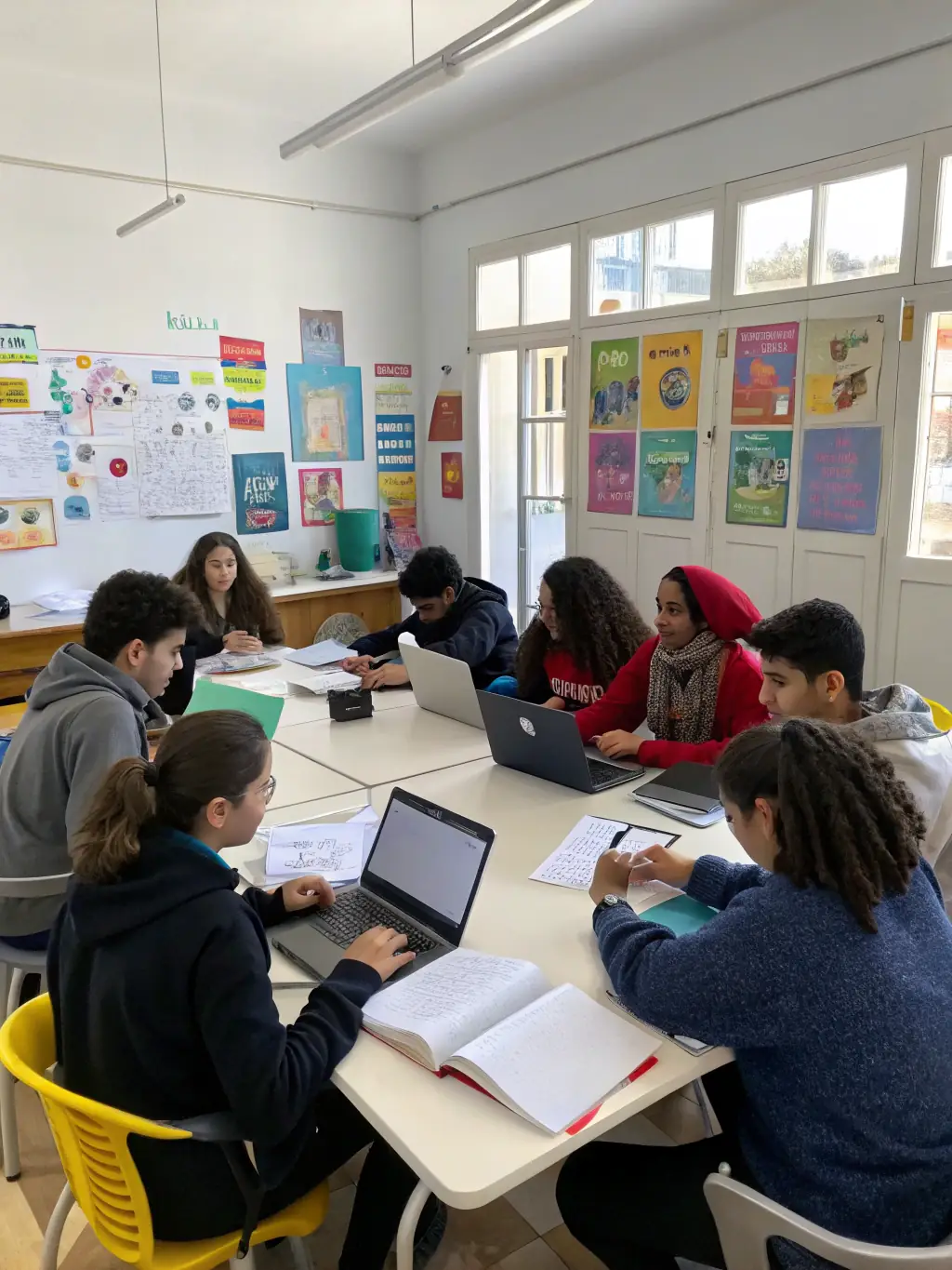 A diverse group of students enthusiastically participating in a coding workshop, focused on their laptops with smiles, in a modern classroom setting.
