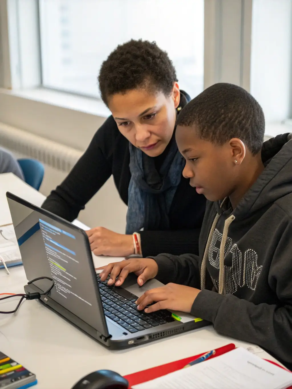 A student successfully debugging code on their laptop, with a mentor offering guidance and support.