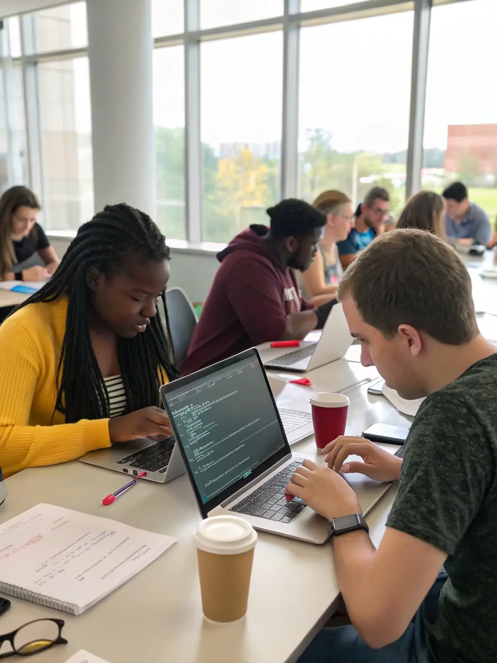 A diverse group of students collaborating on a coding project in a modern classroom setting, focusing on teamwork and problem-solving.
